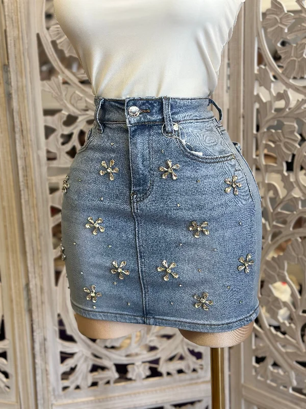 women's high-waisted jeans -Flower Rhinestone Mini Skirt-Estira , Stretchy