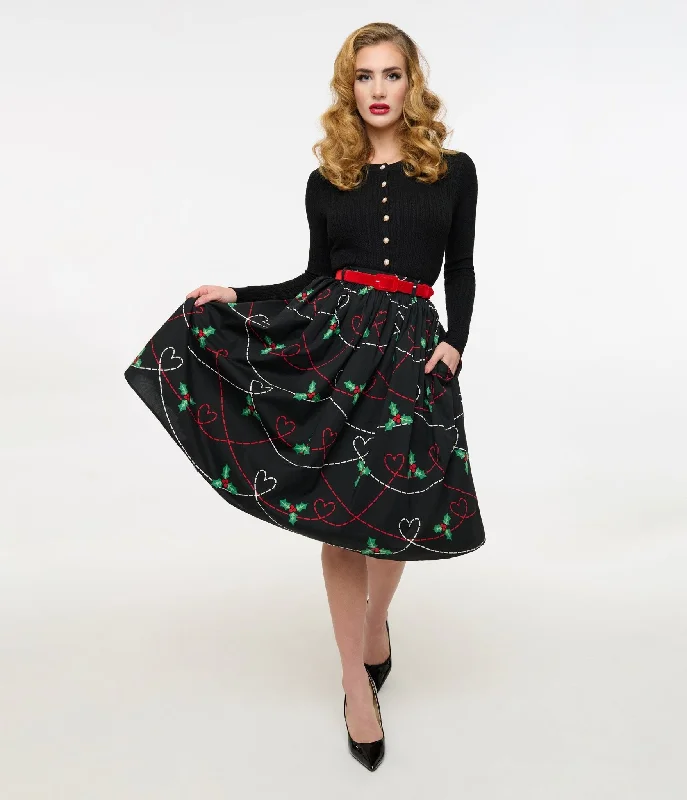 women's biker shorts -Hell Bunny 1950s Festive Hearts & Holly Print Angelica Swing Skirt