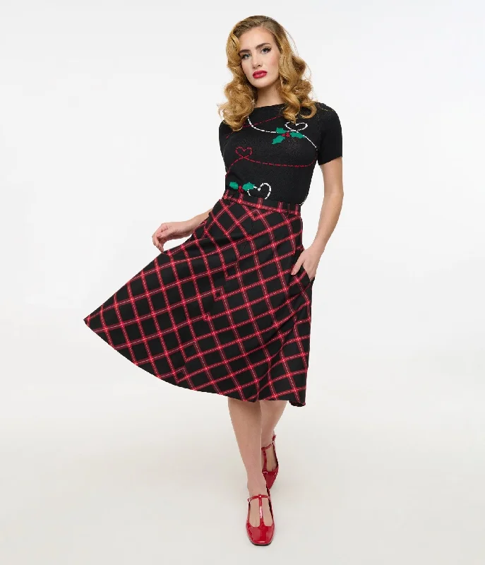 women's velvet pants -Hell Bunny 1950s Red & Black Tartan Janine Swing Skirt