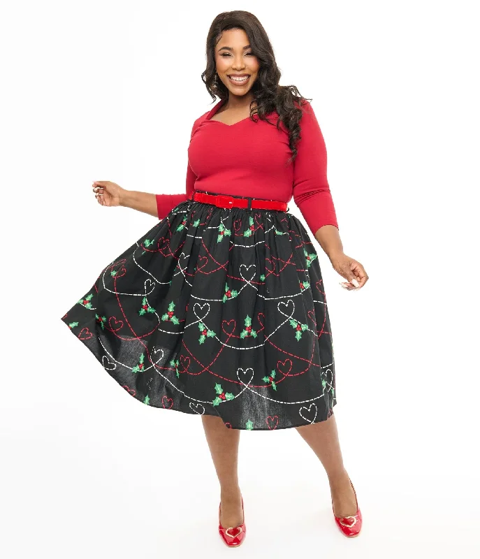 women's stretchy jeggings -Hell Bunny Plus Size 1950s Festive Hearts & Holly Print Angelica Swing Skirt