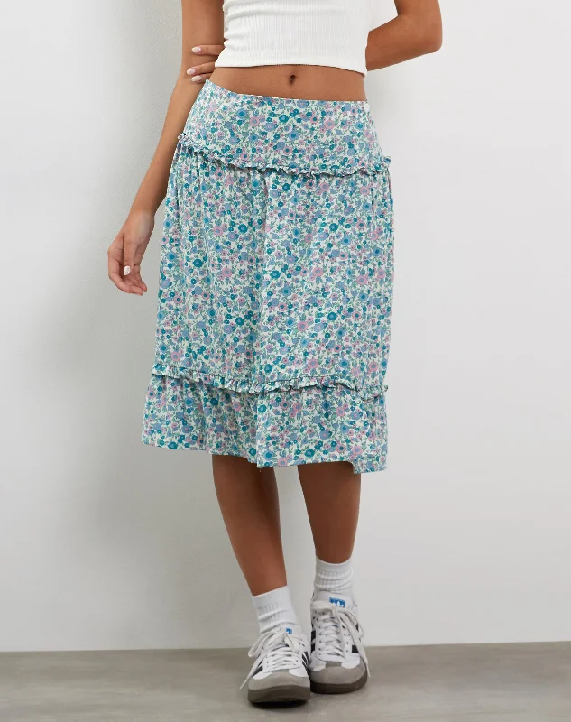 women's two-tone jeans -Kasya Frill Hem Midi Wrap Skirt in Flower Power Blue