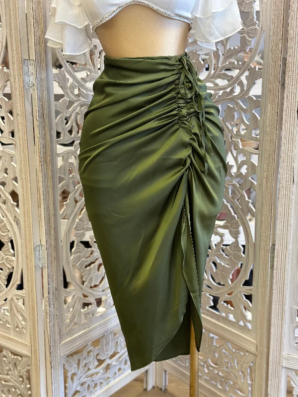 women's stretch leggings -Olive Ruched Satin Midi Skirt- Stretchy