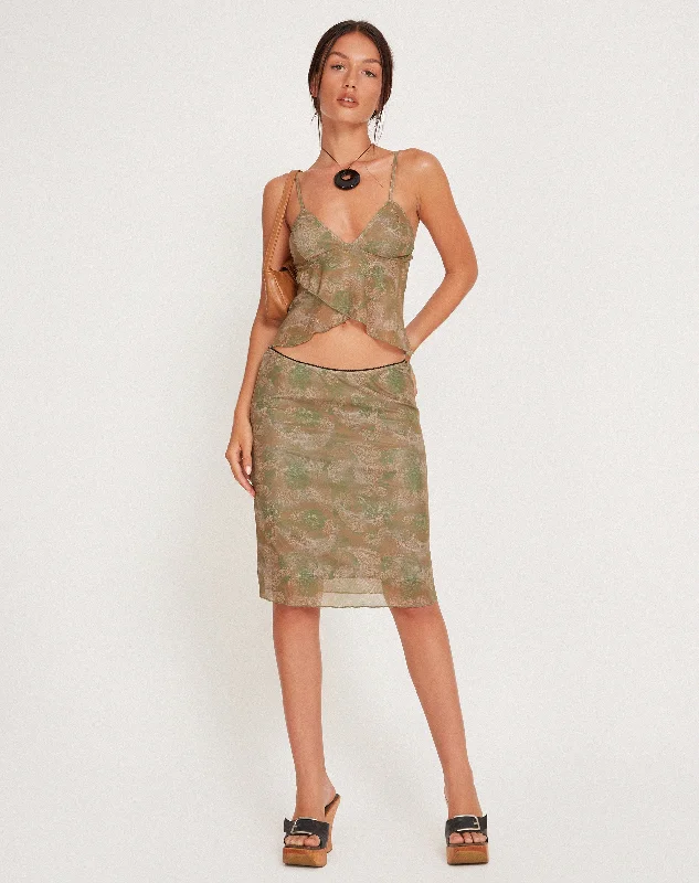 women's utility pants -Rajhu Mesh Midi Skirt in Tonal Paisley Green