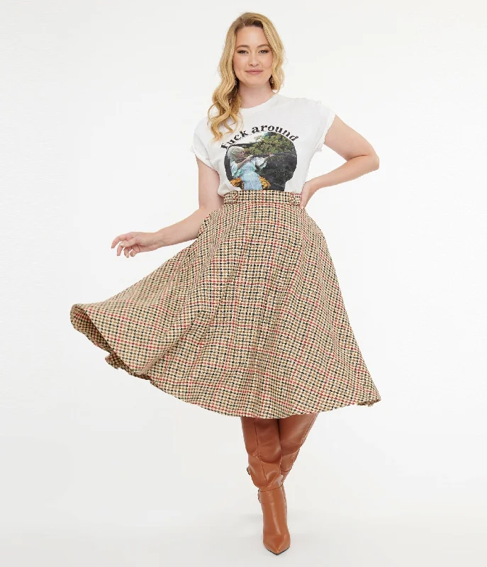 stylish ankle-length skirts for women -Royal Monk 1950s Beige & Black Check Hilda Swing Skirt