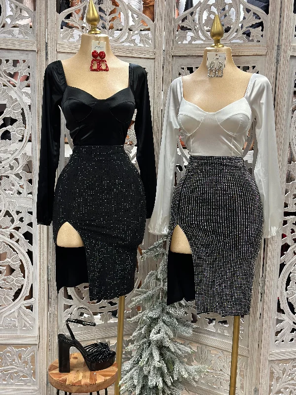 trendy skater skirts for women -Slit Rhinestone Skirt