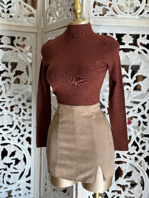 ladies' midi pencil skirts -Tan Slit Suede Mini Skirt