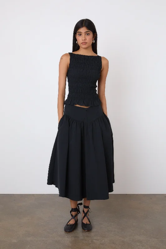 women's elastic waist pants -The Deba Midi Skirt, Onyx