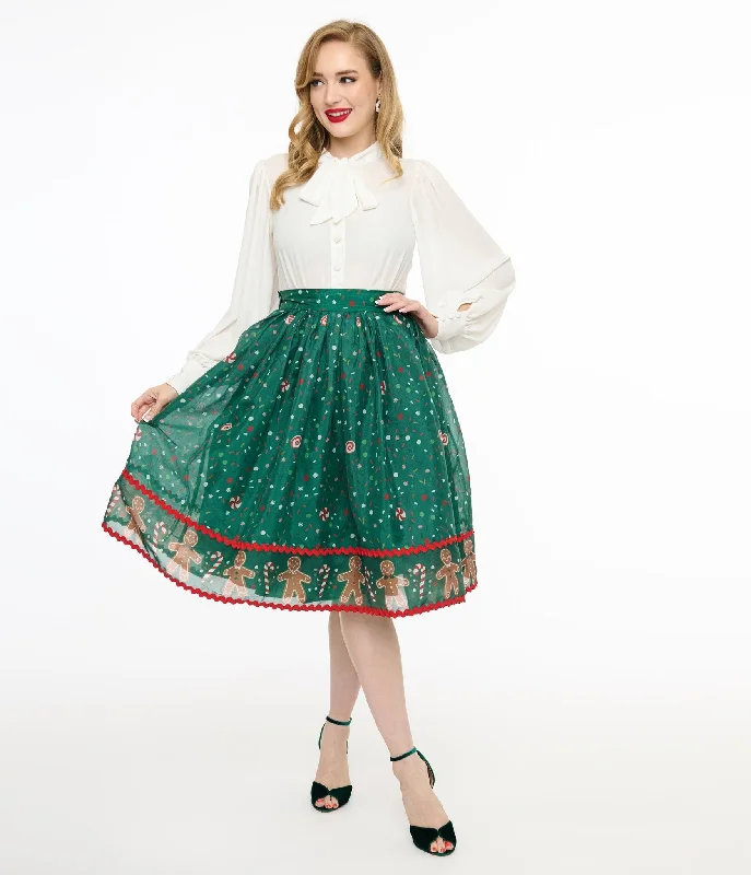 women's flared jeans -Unique Vintage 1950s Green Gingerbread Border Brilliance Swing Skirt