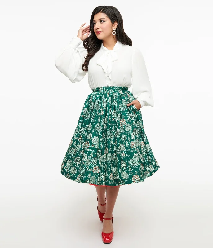 stylish joggers for women -Unique Vintage 1950s Green Winter Print Gellar Swing Skirt