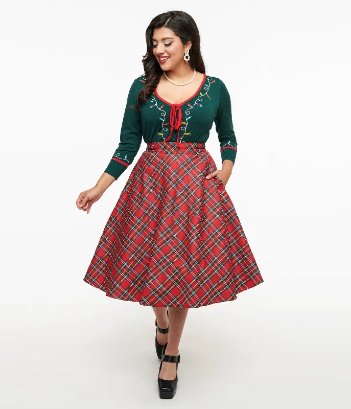 ladies' lace skirts -Unique Vintage 1950s Red Plaid High Waist Vivien Swing Skirt