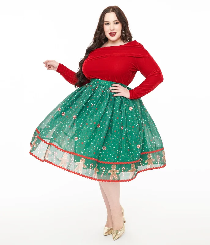 ladies' skinny jeans -Unique Vintage Plus Size 1950s Green Gingerbread Border Brilliance Swing Skirt