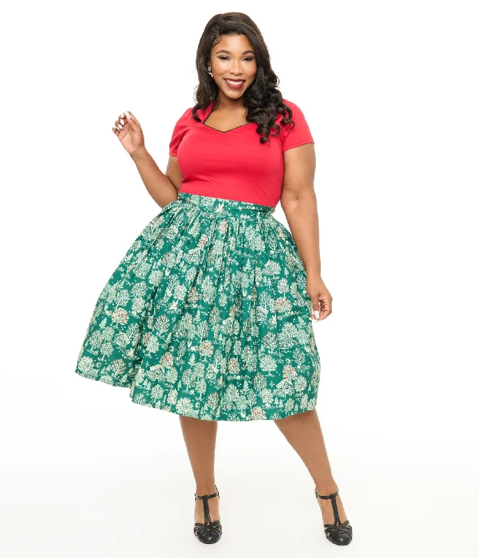 women's ruched skirts -Unique Vintage Plus Size 1950s Green Winter Print Gellar Swing Skirt