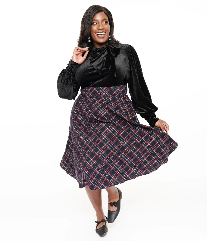 women's fleece-lined leggings -Unique Vintage Plus Size 1950s Navy & Green Plaid High Waist Vivien Swing Skirt